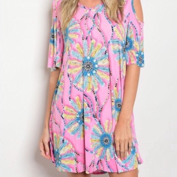 Pink/Blue floral dress w/arm cutouts - Picture 2 of 3